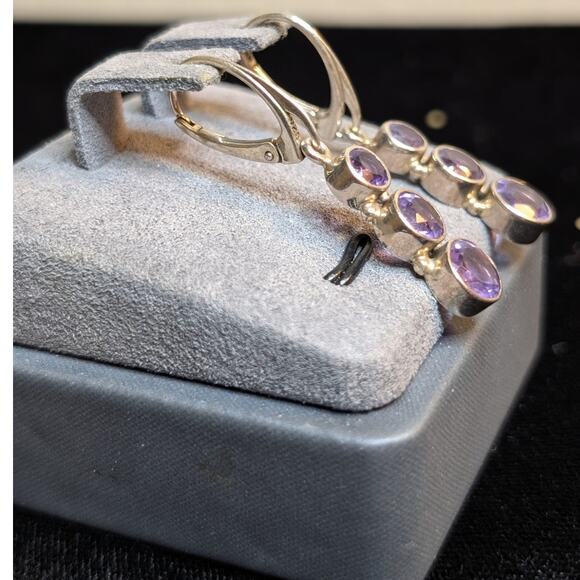 Three Round Graduated Bezel Set Amethyst Gemstone Sterling Lever Back Earrings - Picture 2 of 5
